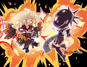 1boy 1girl absurdres aneclipseatdusk bakugou_katsuki blonde_hair boku_no_hero_academia bomb_devil_(chainsaw_man) chainsaw_man chibi chibi_only closed_mouth commentary crossover english_commentary eye_mask bad_tag full_body grin highres looking_at_viewer mask power_connection red_eyes short_hair smile spiked_hair superhero_costume teeth twitter_username