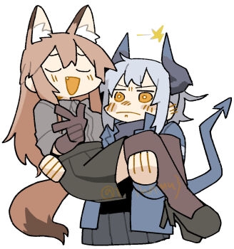 2girls animal_ear_fluff animal_ears arknights black_shoes black_skirt blue_jacket blush brown_hair brown_thighhighs carrying closed_eyes commentary_request demon_girl demon_horns demon_tail ear_blush embarrassed fox_ears fox_girl fox_tail franka_(arknights) full_body grey_hair grey_shirt horns jacket konno_akikaze liskarm_(arknights) long_hair multiple_girls open_mouth orange_eyes pleated_skirt princess_carry shirt shoes sidelocks simple_background skirt smile tail thighhighs white_background yuri