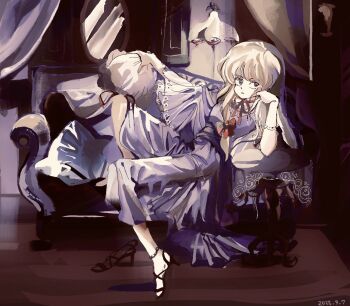 1990s_(style) 1girl 6osquet adapted_costume black_shoes blonde_hair choker commentary couch dated dress expressionless full_body gloves hair_ribbon hat head_rest high_heels holding holding_unworn_clothes holding_unworn_hat indoors knee_up long_hair lying mob_cap on_couch parted_lips purple_dress purple_eyes retro_artstyle ribbon ribbon_choker shoes solo touhou unworn_hat unworn_headwear white_gloves yakumo_yukari