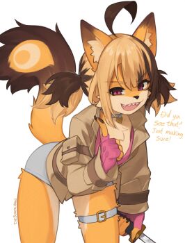 1girl :d animal_ears black_hair blonde_hair brown_fur brown_jacket collar denim denim_shorts english_text flat_chest furry furry_female gigi_murin highres hololive hololive_english index_finger_raised jacket multicolored_hair open_mouth orange_fur pink_shirt purple_eyes sharp_teeth shirt shorts smile solo streaked_hair tail teeth twintails virtual_youtuber wolf_ears wolf_girl wolf_tail yoako