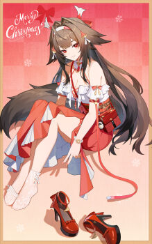 1girl absurdres animal_ear_fluff bare_shoulders breasts brown_hair chinese_commentary cleavage closed_mouth commentary_request fingernails fox_tail hair_flaps hair_intakes hair_ornament hairband high-waist_skirt highres knees_up kongtoulaotou legs_together long_fingernails long_hair looking_at_viewer medium_breasts merry_christmas no_shoes official_alternate_costume red_background red_eyes red_nails red_shoes red_skirt shirt shirt_tucked_in shoes sitting skirt smile sock_pull solo tail toes unworn_shoes v very_long_hair white_hairband white_shirt ye_shunguang ye_shunguang_(touch_of_dawnlight) zenless_zone_zero