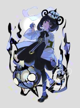 1girl belt black_dress black_hair blue_gloves blunt_bangs bob_cut chandelure closed_mouth coat dress fire gen_5_pokemon gloves gwynn_(pokemon) hat highres kurokawashinrin long_sleeves nintendo open_clothes open_coat pantyhose partially_fingerless_gloves pokemon pokemon_(creature) pokemon_legends:_z-a purple_eyes purple_hair short_hair white_coat