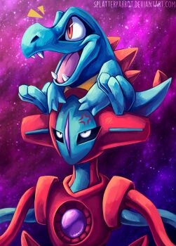 anger_vein deoxys deoxys_(normal) deviantart_username gen_2_pokemon gen_3_pokemon highres mythical_pokemon nintendo open_mouth pokemon pokemon_(creature) red_eyes robot signature sitting smile spikes splatterparrot teeth totodile white_eyes