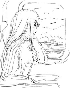 1girl closed_mouth expressionless greyscale gujou_kanade kamiina_botan_yoeru_sugata_wa_yuri_no_hana long_hair monochrome mountain nazo_no_anime-dan ribbed_sweater solo sweater train_interior