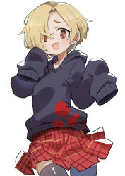 Rule 34 | 1girl, black hoodie, black thighhighs, blonde hair, blood, blood on clothes, blush, cowboy shot, dot nose, flat chest, gazacy (dai), hair over one eye, hands up, highres, hood, hood down, hoodie, idolmaster, idolmaster cinderella girls, idolmaster cinderella girls starlight stage, long sleeves, looking at viewer, miniskirt, open mouth, plaid, plaid skirt, pleated skirt, red eyes, red skirt, shirasaka koume, short hair, simple background, skirt, sleeves past fingers, sleeves past wrists, smile, solo, standing, thighhighs, white background, zettai ryouiki