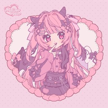 arm_cutout artist_name bat_wings blush bow chain closed_mouth clothing_cutout cowboy_shot eyelashes fingernails frills hair_bow hair_ornament hairclip highres horns lips long_hair long_sleeves looking_to_the_side mellownote nail_polish original pink_eyes pink_hair pink_lips polka_dot purple_nails square wings