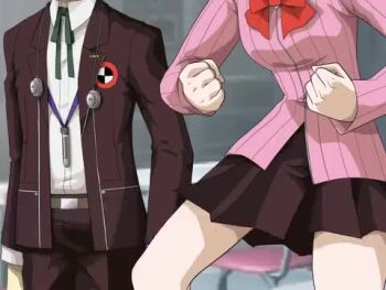 1boy 1girl angry animated audible_speech blue_hair breasts brown_eyes brown_hair earrings english_audio english_text jewelry kazukitnacho long_sleeves meme one_eye_covered pants persona persona_3 school_uniform short_hair skirt sound tagme takeba_yukari teeth video yuuki_makoto_(persona_3)