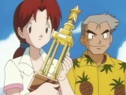 1990s_(style) 1997 1boy 1girl animated animated_gif brown_eyes brown_hair collarbone competition_swimsuit delia_ketchum grey_hair hair_intakes jacket long_hair low_ponytail lowres mature_female nintendo one-piece_swimsuit open_clothes open_shirt outdoors pokemon pokemon_(anime) pokemon_(classic_anime) pokemon_ep018 ponytail professor_oak retro_artstyle short_sleeves shorts smile standing swimsuit tagme trophy