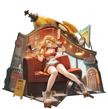 1girl :d apron blonde_hair breasts burger checkered_floor cleavage cola couch cup dress drinking_glass dropped_food echoes_of_vision faux_figurine food french_fries full_body furrowed_brow hands_up hat highres holding holding_tray jukebox ketchup_bottle large_breasts long_hair marquee_lights mkiiiiii mole mole_under_mouth mustard_bottle neckerchief official_alternate_costume official_art on_couch open_mouth orange_dress orange_hat orange_wrist_cuffs ponytail puffy_short_sleeves puffy_sleeves red_neckerchief restaurant roller_skates sandwich_board short_dress short_sleeves sign sitting skates smile solo thighhighs thunder_ranger_(echoes_of_vision) transparent_background tray v-neck visor_cap waist_apron waitress white_apron white_thighhighs windforcelan wrist_cuffs zettai_ryouiki