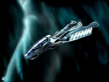 Rule 34 | artist logo, blue theme, cloud background, commentary, dark background, english commentary, eve online, glowing, highres, logo, nebula, no humans, novafox, original, outdoors, science fiction, space, spacecraft, vehicle focus