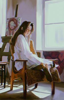 1girl aerith_gainsborough alternate_costume brown_hair canvas_(object) chair closed_eyes closed_mouth contemporary dress easel final_fantasy final_fantasy_vii full_body highres indoors jeseni long_hair long_sleeves parted_bangs realistic sidelocks sitting solo sunlight white_dress window