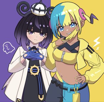 black_hair blonde_hair blue_gloves blue_hair canari_(pokemon) closed_mouth coat crop_top dark-skinned_female dark_skin dress electricity ghost gloves gradient_hair gwynn_(pokemon) hat highres looking_at_viewer multicolored_hair navel nintendo partially_fingerless_gloves pokemon pokemon_legends:_z-a purple_eyes purple_hair relight smile split-color_hair two-tone_background two-tone_hair
