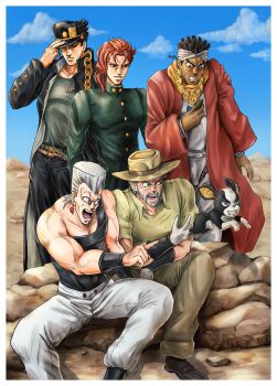 5boys absurdres adjusting_clothes adjusting_headwear animal armor belt belt_buckle black_footwear black_hair black_hat black_jacket black_pants black_shirt blue_eyes brown_eyes brown_hat brown_pants buckle buttons chain closed_eyes closed_mouth cloud collarbone collared_jacket collared_shirt day desert dog earrings gakuran gloves gold gold_chain green_belt green_robe grey_hair grey_shirt grin hat high_collar highres holding iggy_(jojo) jacket jean_pierre_polnareff jewelry jojo_no_kimyou_na_bouken joseph_joestar joseph_joestar_(old) kaib0y kakyoin_noriaki kuujou_joutarou long_sleeves looking_at_animal looking_down looking_to_the_side mohammed_avdol multiple_boys nervous on_rock open_clothes open_jacket open_mouth open_robe outdoors pants peaked_cap pink_belt pointing red_hair red_robe robe rock scarf school_uniform shirt shoes short_hair short_sleeves single_strap sitting smile standing stardust_crusaders surprised sweatdrop t-shirt toned toned_male unbuttoned vambraces white_gloves white_pants white_shirt yellow_belt yellow_scarf yellow_shirt