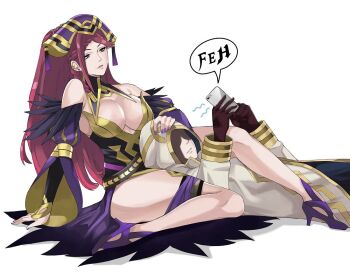 1boy 1girl bare_shoulders between_legs between_thighs breasts bridal_gauntlets cleavage fire_emblem fire_emblem_heroes gloves hand_on_another's_head hat head_between_thighs high_heels j@ck kiran_(fire_emblem) male_kiran_(fire_emblem) large_breasts loki_(fire_emblem) long_hair looking_at_another nail_polish nintendo ponytail purple_hair purple_nails thighs