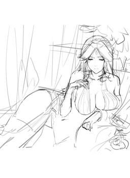 1girl armlet bare_shoulders bracelet breasts cleavage closed_eyes closed_mouth collarbone dress female_focus forehead frilled_hairband frills garter_belt hairband halterneck j@ck jewelry kid_icarus kid_icarus_uprising lace_trim large_breasts lingerie long_hair navel nintendo palutena panties parted_bangs sidelocks sketch solo thighhighs thighs underwear unfinished