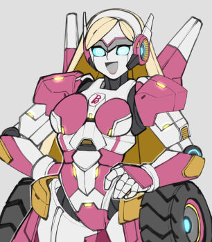 1girl barbie_(character) barbie_(franchise) blonde_hair blue_eyes breasts commentary english_commentary grey_background hand_on_own_hip kyou_(iuciferic) long_hair looking_at_viewer mechanization medium_breasts smile solo transformers very_long_hair wheel