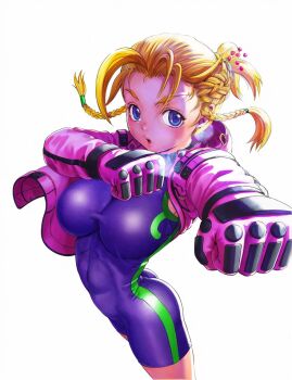 Rule 34 | 1girl, arched back, blonde hair, blue eyes, blush, bodysuit, braid, breasts, clenched hand, commentary request, covered navel, fighting stance, fuurinji miu, gloves, half up braid, hands up, impossible clothes, jacket, large breasts, long hair, long sleeves, matsuena shun, official art, open clothes, outstretched arm, pink gloves, pink jacket, purple bodysuit, shijou saikyou no deshi ken'ichi, side braids, simple background, skin tight, solo, standing, taut bodysuit, thighs, unitard, white background