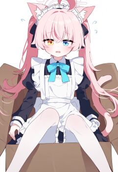 1girl ahoge alternate_costume animal_ear_fluff animal_ears apron aqua_bow aqua_bowtie auto_ins black_dress blue_archive blue_eyes blush bow bowtie box cardboard_box cat_ears cat_girl cat_tail collared_dress commentary_request crossed_bangs dress enmaided fallen_down feet_out_of_frame flying_sweatdrops frilled_apron frilled_dress frills hair_between_eyes halo heterochromia highres hoshino_(blue_archive) in_box in_container juliet_sleeves kemonomimi_mode knees_up loli long_hair long_sleeves looking_at_viewer maid maid_apron maid_headdress open_mouth panties pantyhose pantyshot pink_hair pink_halo puffy_sleeves ribbon simple_background sitting sleeves_past_wrists solo tail thighhighs twintails underwear very_long_hair white_apron white_background white_pantyhose white_thighhighs yellow_eyes