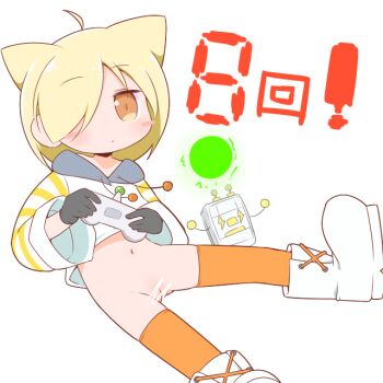 1girl ahoge animal_ears blonde_hair boots bottomless cello_(20000) censored character_request cleft_of_venus controller female_focus game_controller hair_over_one_eye hood hoodie loli navel no_panties orange_eyes playing_games pussy sitting socks solo thighhighs webp-to-png_conversion