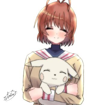 Rule 34 | 1girl, animal, antenna hair, blush, brown hair, clannad, closed eyes, furukawa nagisa, gen 1 pokemon, highres, hikarizaka private high school uniform, holding, holding animal, long sleeves, looking at viewer, luchia, nintendo, peakychu, pikachu, pokemon, pokemon (creature), school uniform, short hair, smile, upper body, white background