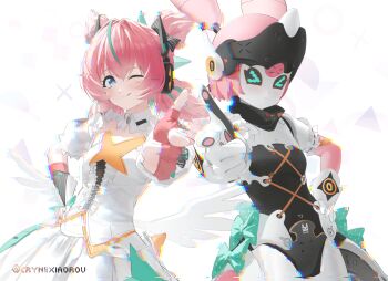 >_< 2girls aria_(zenless_zone_zero) blue_eyes blush bow breasts center_frills closed_mouth commentary cryne detached_collar dress dual_persona finger_gun fingerless_gloves fingernails frilled_sleeves frills glitch gloves green_bow green_hair green_streaks hand_on_own_hip highres looking_at_viewer multicolored_hair multiple_girls one_eye_closed pink_gloves pink_hair pink_nails robot_girl short_twintails simple_background small_breasts solo sparkling_eyes streaked_hair tongue tongue_out twintails twitter_username upper_body white_background white_dress white_gloves white_wings wings zenless_zone_zero