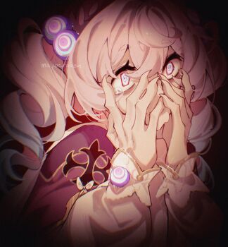 1girl alternate_eye_color aquila_(honkai:_star_rail) claws commentary covering_face drill_hair english_commentary hair_between_eyes highres honkai:_star_rail honkai_(series) hyacine_(honkai:_star_rail) long_sleeves moody_avocado multicolored_eyes pink_hair sidelocks sparkle tearing_up