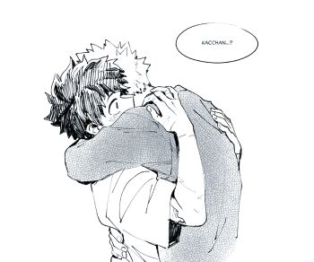 2boys 5mll3 arm_around_shoulder bakugou_katsuki blush boku_no_hero_academia freckles greyscale hug long_sleeves male_focus midoriya_izuku monochrome multiple_boys multiple_scars mutual_hug scar scar_on_arm shirt short_hair simple_background speech_bubble spiked_hair upper_body white_background wide-eyed wide_sleeves yaoi