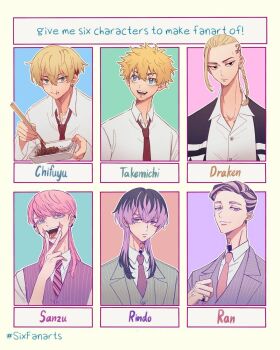 Rule 34 | 29o52413, 6+boys, :p, aqua eyes, black eyes, black hair, blonde hair, braid, braided ponytail, brothers, chopsticks, collared shirt, colored eyelashes, dragon tattoo, ear piercing, earrings, eating, empty eyes, formal clothes, green eyes, green suit, hair between eyes, haitani ran, haitani rindou, hanagaki takemichi, head tattoo, highres, holding, holding chopsticks, instant noodles, instant soba, jewelry, long hair, long sleeves, looking at viewer, male focus, matsuno chifuyu, medium hair, multicolored hair, multiple boys, multiple drawing challenge, neck tattoo, necktie, open mouth, piercing, pill, pill in mouth, pink hair, pink necktie, purple eyes, purple necktie, purple suit, purple vest, red necktie, ring, ryuuguuji ken, sanzu haruchiyo, scar, scar on face, scar on mouth, school uniform, shirt, short hair, siblings, single braid, single earring, six fanarts challenge, smile, straight hair, streaked hair, striped clothes, striped necktie, suit, tattoo, tokyo revengers, tongue, tongue out, two-tone hair, upper body, v, vest, white shirt, wolf cut