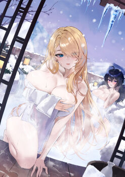 2girls absurdres ahoge black_hair blonde_hair breasts brown_dust_(series) brown_dust_2 bucket commentary_request dutch_angle eyes_visible_through_hair hair_over_one_eye highres huge_breasts icicle lantern lkeris loen_(brown_dust) long_hair multiple_girls naked_towel snow snowing steam straight_hair thighs tokkuri towel twintails very_long_hair wilhelmina_(brown_dust) wooden_bucket wooden_floor