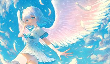 1girl absurdres angel angel_wings ass_peek blue_eyes blue_hair blue_sky choppy_bangs cloud commentary_request cowboy_shot day feathered_wings feathers gradient_hair hand_up highres looking_at_viewer multicolored_hair okubatomaeba original outdoors parted_lips shirt short_hair short_sleeves skirt sky solo white_hair white_shirt white_skirt wings