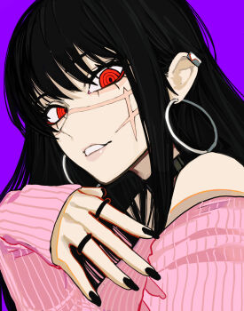 1girl absurdres aegyo_sal black_hair black_nails chainsaw_man earrings highres hoop_earrings jewelry long_hair long_sleeves looking_at_viewer off-shoulder_sweater off_shoulder parted_lips pink_sweater purple_background red_eyes ring ringed_eyes sailen0 simple_background sleeves_past_wrists smile solo sweater yoru_(chainsaw_man)