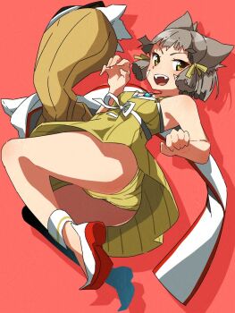 1girl adversarial_noise animal_ears bob_cut cat_ears core_crystal_(xenoblade) dress facial_mark from_below full_body grey_hair highena highres jumping nia_(fancy_sundress)_(xenoblade) nia_(xenoblade) open_mouth orange_background panties short_hair spaghetti_strap underwear upskirt whisker_markings xenoblade_chronicles_(series) xenoblade_chronicles_2 yellow_dress yellow_panties