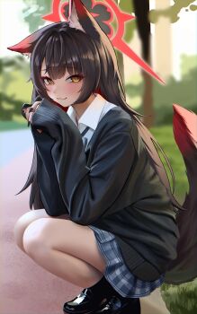 1girl :3 absurdres alternate_costume animal_ear_fluff animal_ears black_cardigan black_nails black_shoes black_socks blue_archive blue_skirt blurry blurry_background blush brown_hair cardigan closed_mouth collared_shirt colored_inner_hair commentary eengchi english_commentary fang fingernails fox_ears fox_girl fox_tail halo highres loafers long_fingernails long_hair looking_at_viewer multicolored_hair nail_polish own_hands_together plaid_clothes plaid_skirt pleated_skirt red_hair red_halo school_uniform serafuku sharp_fingernails shiny_footwear shirt shoes skirt sleeves_past_wrists smile socks solo squatting tail two-tone_hair very_long_hair wakamo_(blue_archive) white_shirt white_skirt yellow_eyes