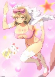 Rule 34 | 1girl, artist name, blush, body blush, bow, bra, breasts, bruise, bruised chest, calico, cleavage, closed mouth, coin, curly hair, dust cloud, frown, full body, gloves, gold, green eyes, groin, hair bow, haruka (senran kagura), heart, highres, huge breasts, injury, koban (gold), lab coat, lemonrou, lens flare, light brown hair, maneki-neko, mary janes, navel, panties, pink background, pink bow, pink bra, pink footwear, pink panties, running, senran kagura, senran kagura shoujo-tachi no shin&#039;ei, shiny skin, shoes, short hair, skindentation, solo, sparkle, star (symbol), swept bangs, thighhighs, torn clothes, torn coat, torn gloves, torn sleeves, torn thighhighs, twitter username, underwear, white thighhighs