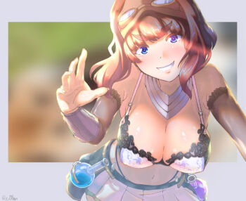 1girl blue_eyes blunt_bangs blush bra breasts brown_hair cleavage commentary_request cowboy_shot flask genetic_(ragnarok_online) goggles goggles_on_head grin lace lace_bra large_breasts leaning_forward long_hair looking_at_viewer midriff miniskirt navel potion ragnarok_masters ragnarok_online reihou19 round-bottom_flask skirt smile solo underwear vambraces vial white_bra white_skirt