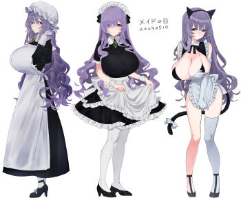 1girl absurdres animal_ear_hairband animal_ears apron apron_hold apron_pull bare_shoulders black_bra black_dress black_hairband black_shoes blush bow bra breasts brooch cat_ear_hairband cat_ears cat_tail cleavage closed_mouth clothes_pull commentary_request dated dress elbow_gloves eurasia_(wtp09ptw14) fake_animal_ears fake_tail francoise_(eurasia) frilled_apron frilled_hat frills full_body gem gloves green_gemstone hair_between_eyes hair_over_one_eye hairband hand_in_own_hair hat high_heels highres huge_breasts jewelry long_bangs long_hair long_sleeves looking_at_viewer maid maid_apron maid_headdress multiple_views original pantyhose purple_eyes purple_hair shoes short_dress short_sleeves simple_background single_thighhigh standing sweat tail tail_bow tail_ornament tented_shirt thighhighs translation_request underwear waist_apron white_apron white_background white_bow white_gloves white_headdress white_pantyhose white_thighhighs white_wrist_cuffs wrist_cuffs