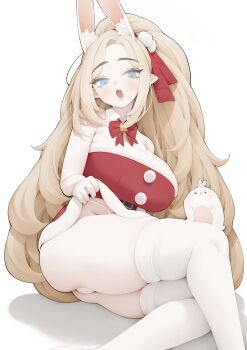 1girl animal_ears blue_eyes bow breasts christmas hair_ornament highres large_breasts long_hair open_mouth original panties rabbit_(wlsdnjs950) rabbit_ears simple_background thighhighs underwear very_long_hair white_background white_panties white_thighhighs