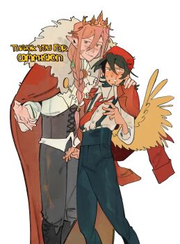 Rule 34 | 2boys, absurdres, androgynous, ascot, beanie, bird boy, bird wings, black boots, black hair, black pants, boots, botttttt, brown corset, brown eyes, cape, colored skin, commission, corset, cowboy shot, crown, dream smp, duck boy, fur-trimmed cape, fur trim, gold crown, grey eyes, hair between eyes, hand on another's shoulder, hat, heterochromia, highres, humanization, jacket, jewelry, long hair, long sleeves, looking at viewer, male focus, mihuashi commission, minecraft youtube, multiple boys, necktie, open clothes, open jacket, pants, pink hair, pink skin, pointed crown, pointy ears, quackity, red cape, red eyes, red hat, red jacket, red necktie, scar, scar across eye, scar on face, scar on nose, shirt, short hair, suspenders, technoblade, watermark, white ascot, white background, white shirt, wings