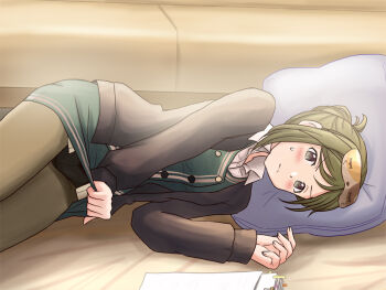 Rule 34 | 1girl, black cardigan, black panties, blush, brown pantyhose, buttons, cardigan, closed mouth, collared shirt, commission, cowboy shot, cushion, double-breasted, green hair, green skirt, green vest, idolmaster, idolmaster shiny colors, indoors, jacket, lielos, long sleeves, looking at viewer, lying, mask, mask on head, nanakusa hazuki, on side, open clothes, open jacket, panties, panties under pantyhose, pantyhose, paper, pencil skirt, pixiv commission, ponytail, shirt, shy, single sidelock, skirt, skirt tug, solo, sweatdrop, underwear, vest, white shirt