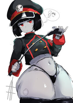 1girl android ass black_hair borrowed_character colored_skin commentary curvy dizuit_plus english_commentary grey_skin hat military_uniform navel original peaked_cap red_eyes riding_crop robot_girl robot_girl_(bingbingzi) simple_background sketch thick_thighs thighs white_background