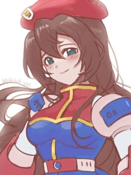 1girl beret blush breasts brown_hair dated dress green_eyes hat highres iris_(mega_man) long_hair low-tied_long_hair medium_breasts mega_man_(series) mega_man_x_(series) multicolored_dress red_hat signature simple_background smile solo upper_body white_background whiteabsol