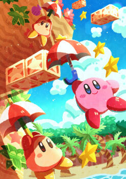 Rule 34 | absurdres, beach, blue sky, blush stickers, cloud, colored skin, commentary request, highres, holding, holding umbrella, kirby, kirby's return to dream land, kirby (series), looking at another, nintendo, no humans, palm tree, pink skin, sand, signature, sky, smile, solid oval eyes, star (symbol), tree, umbrella, waddle dee, watawata22