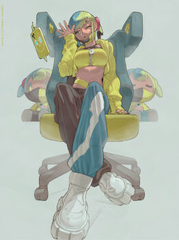 Rule 34 | 1girl, absurdres, aqua hair, bandeau, black mask, blonde hair, blue eyes, blue nails, boots, breasts, canari (pokemon), canari plush (pokemon), chair, character doll, commentary request, criss-cross straps, crop top, dark-skinned female, dark skin, doll, gen 4 pokemon, highres, jacket, large breasts, long sleeves, looking at viewer, mask, mask pull, mega stone, mouth mask, multicolored hair, mumumi, navel, nintendo, on chair, one eye closed, open mouth, pants, parted lips, pokemon, pokemon (creature), pokemon legends: z-a, rotom, rotom phone, short twintails, sitting, solo, split-color clothes, split-color hair, sports bra, stuffed toy, swivel chair, twintails, two-tone hair, two-tone mask, two-tone pants, white boots, yellow bandeau, yellow jacket, yellow mask, yellow nails, yellow sports bra