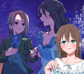 2girls blue_dress blue_eyes blush braid breasts brown_hair castle collarbone commentary_request dress hair_between_eyes half_up_braid hand_on_own_chest haruruhaharur highres holding holding_hands holding_pencil imagining long_hair looking_at_another love_live! love_live!_nijigasaki_high_school_idol_club mechanical_pencil medium_breasts multiple_girls nakasu_kasumi open_mouth osaka_shizuku pencil red_eyes short_hair sidelocks sky smile star_(sky) starry_sky yuri