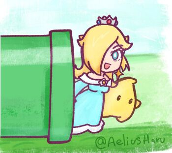Rule 34 | 1girl, :d, aeliusharu, blonde hair, blue dress, blue eyes, brooch, commentary, crown, dress, earrings, english commentary, full body, hair over one eye, jewelry, long hair, long sleeves, looking at viewer, luma (mario), mario (series), nintendo, off-shoulder dress, off shoulder, open mouth, rosalina, smile, star (symbol), star brooch, star earrings, super mario bros. wonder, twitter username, warp pipe