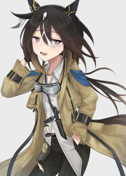 1girl absurdres animal_ears black_gloves black_hair black_pants brown_eyes brown_hair coat collared_shirt commentary_request compass ear_covers film_cartridge gloves goggles goggles_around_neck gradient_eyes hair_between_eyes hand_in_pocket highres horse_ears horse_girl horse_tail knife long_hair looking_at_viewer multicolored_eyes multicolored_hair open_mouth pants purple_eyes sengoku_(pixiv54635452) shirt simple_background smile solo stay_gold_(umamusume) streaked_hair tail umamusume white_hair white_shirt yellow_coat