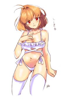 1girl ahoge arcueid_brunestud babydoll blonde_hair blush breasts cleavage gluteal_fold hair_intakes hand_on_own_chest highres lingerie looking_at_viewer ni_hao_nyannyan panties red_eyes short_hair smile solo thick_thighs thighhighs thighs tsukihime underwear white_panties
