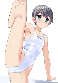 1girl absurdres blue_eyes cameltoe clothes_writing commentary_request competition_swimsuit covered_navel flat_chest grey_hair highleg highleg_one-piece_swimsuit highres kneepits one-piece_swimsuit original short_hair simple_background solo split standing standing_on_one_leg standing_split swimsuit takafumi variant_set white_background white_one-piece_swimsuit