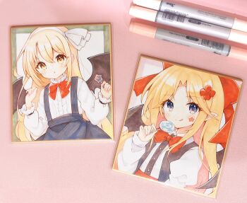 2girls :q :t art_tools_in_frame bat_wings black_skirt blonde_hair blue_eyes blush border bow bowtie buttons candy center_frills closed_mouth collared_shirt commentary_request dot_nose elis_(touhou) facial_mark food frilled_sleeves frills green_border hair_ribbon hand_up hands_up highres holding holding_candy holding_food holding_lollipop kurumi_(touhou) lollipop long_hair long_sleeves looking_at_viewer marker marker_(medium) multiple_girls outside_border overall_skirt parted_bangs photo_(medium) pink_border pout red_bow red_bowtie red_ribbon ribbon shirt simple_background skirt smile split_mouth star_(symbol) star_facial_mark tongue tongue_out touhou touhou_(pc-98) traditional_media upper_body very_long_hair white_background white_ribbon white_shirt wings yellow_eyes yurufuwa_milk