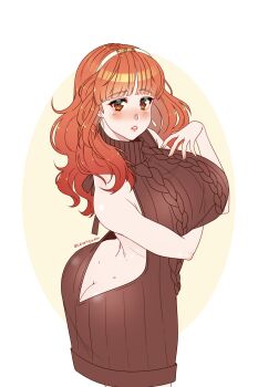 1girl absurdres aran_sweater ass blush breasts brown_eyes butt_crack cable_knit celica_(fire_emblem) cryptid_crab earrings fire_emblem fire_emblem_echoes:_shadows_of_valentia headband highres jewelry large_breasts looking_at_viewer nintendo orange_hair parted_lips solo sweater virgin_killer_sweater